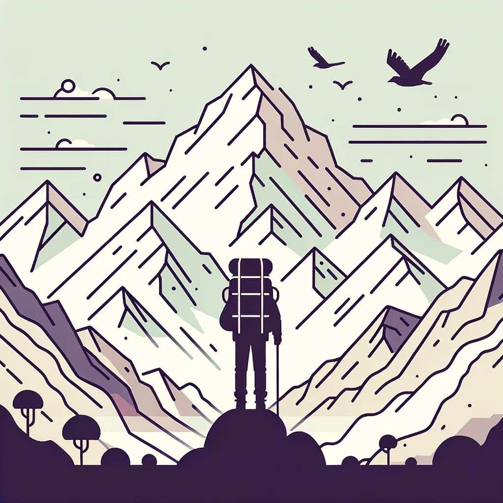 someone gazing at Mount Everest, modern flat design style illustration with line elements